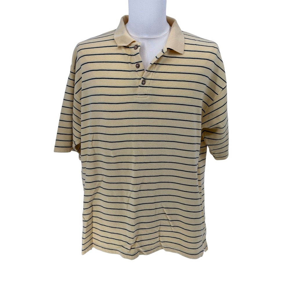 EZ's Haggar Polo Shirt Yellow Navy Striped 100% Cotton L